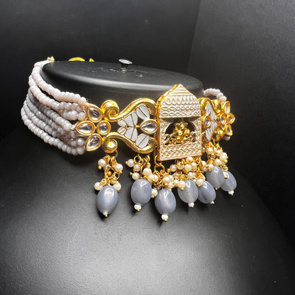 legant Lord Ganesha Motif Choker Set with Gray Beads & Enamel Earrings – Festive Temple Jewelry