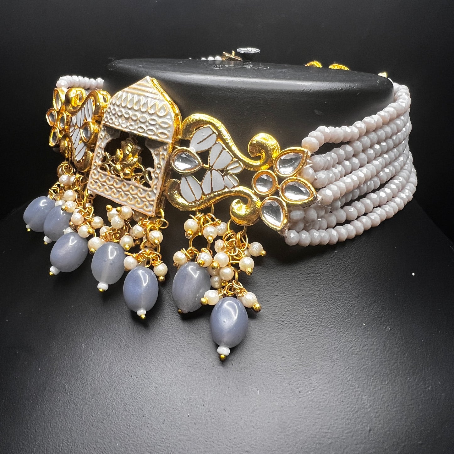 legant Lord Ganesha Motif Choker Set with Gray Beads & Enamel Earrings – Festive Temple Jewelry