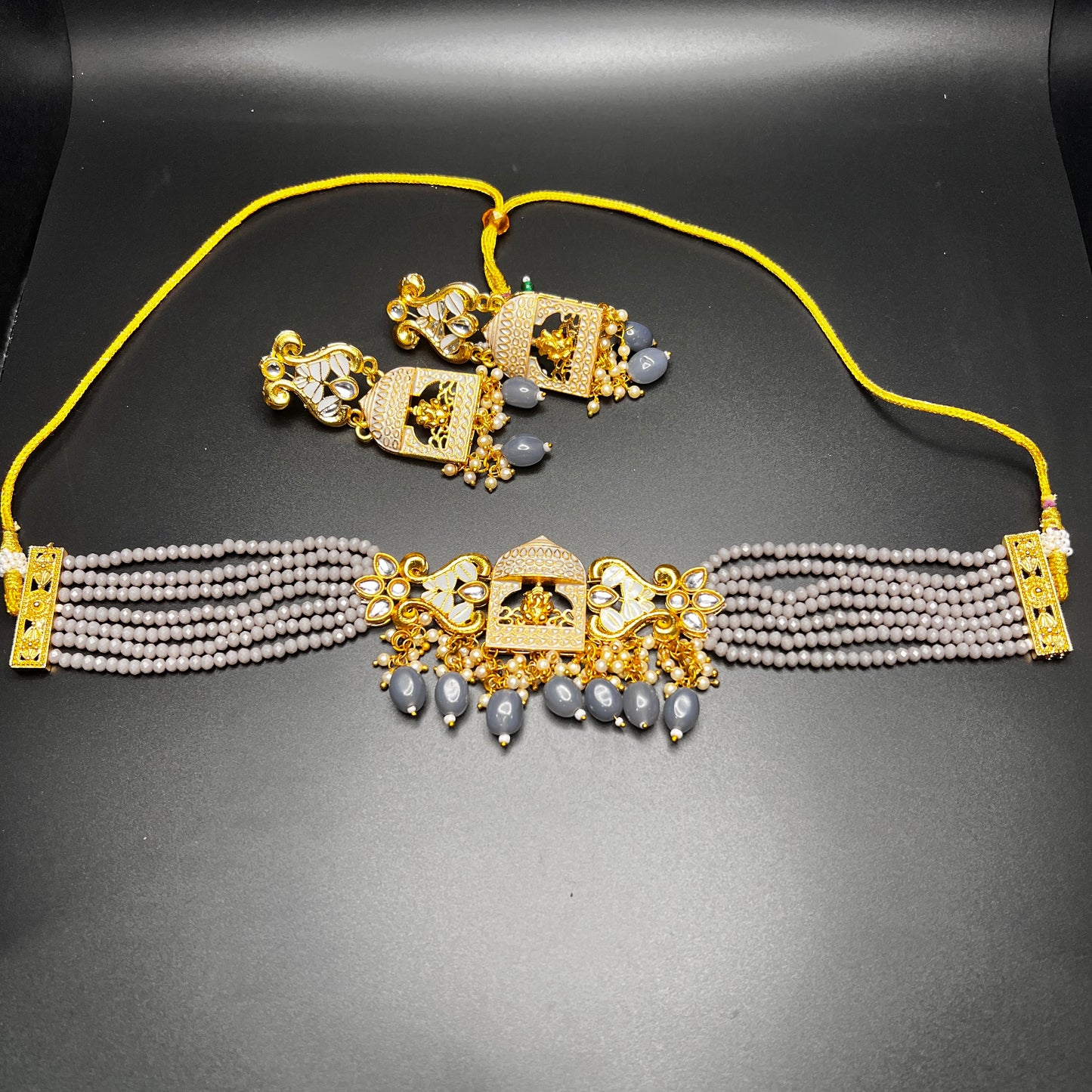 legant Lord Ganesha Motif Choker Set with Gray Beads & Enamel Earrings – Festive Temple Jewelry