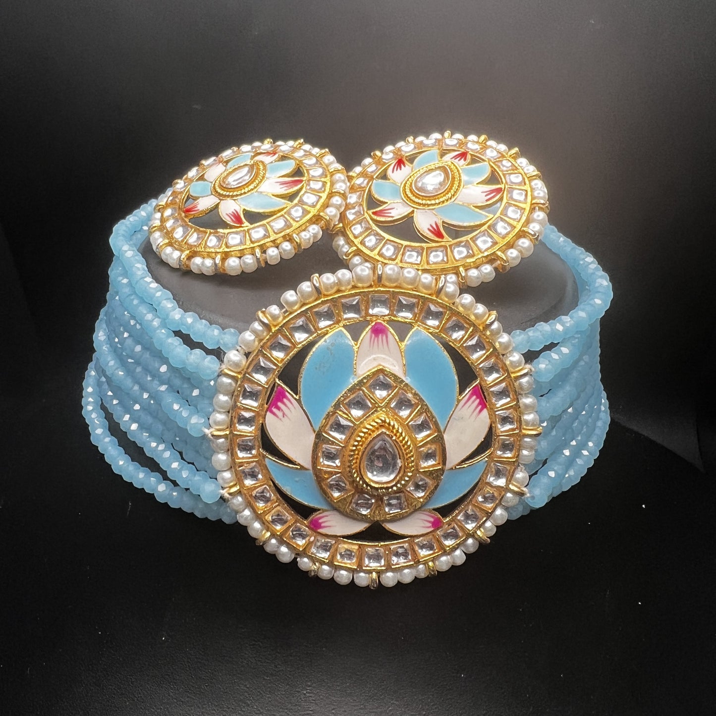 Regal Lotus Enamel Choker Set with Earrings – Blue Beaded Pearl Kundan Jewelry|Hand Painted| Best Seller