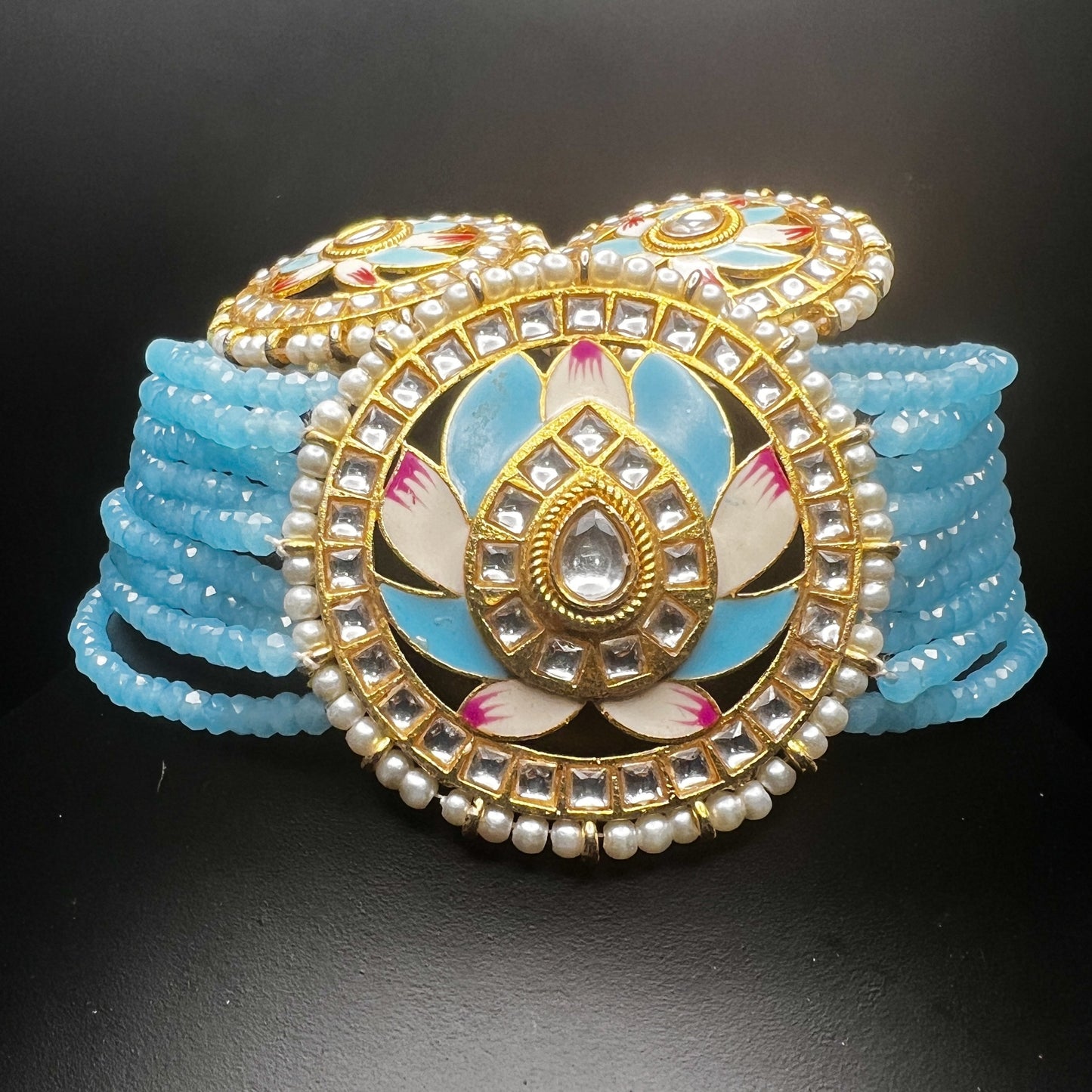 Regal Lotus Enamel Choker Set with Earrings – Blue Beaded Pearl Kundan Jewelry|Hand Painted| Best Seller