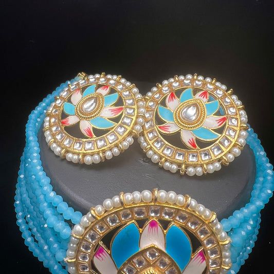 Regal Lotus Enamel Choker Set with Earrings – Blue Beaded Pearl Kundan Jewelry|Hand Painted| Best Seller