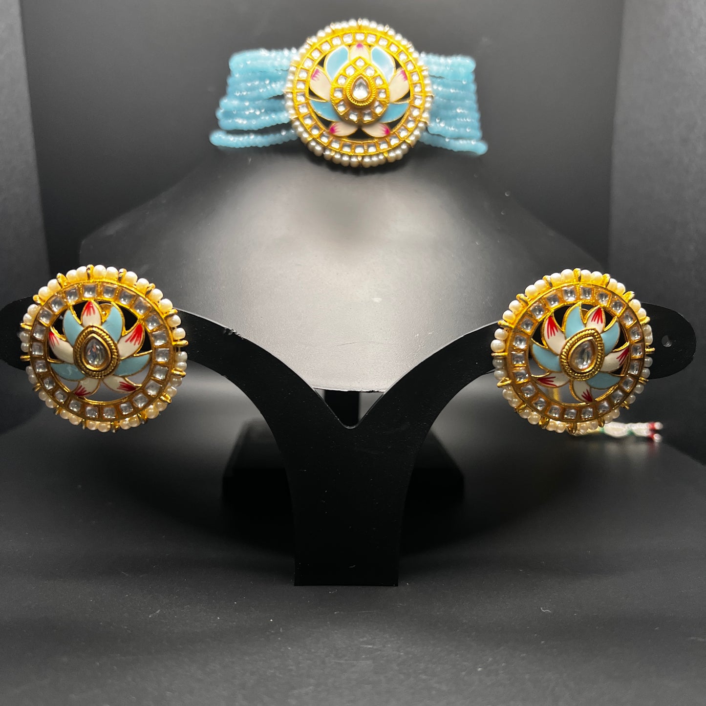 Regal Lotus Enamel Choker Set with Earrings – Blue Beaded Pearl Kundan Jewelry|Hand Painted| Best Seller