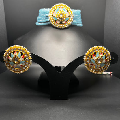 Regal Lotus Enamel Choker Set with Earrings – Blue Beaded Pearl Kundan Jewelry|Hand Painted| Best Seller