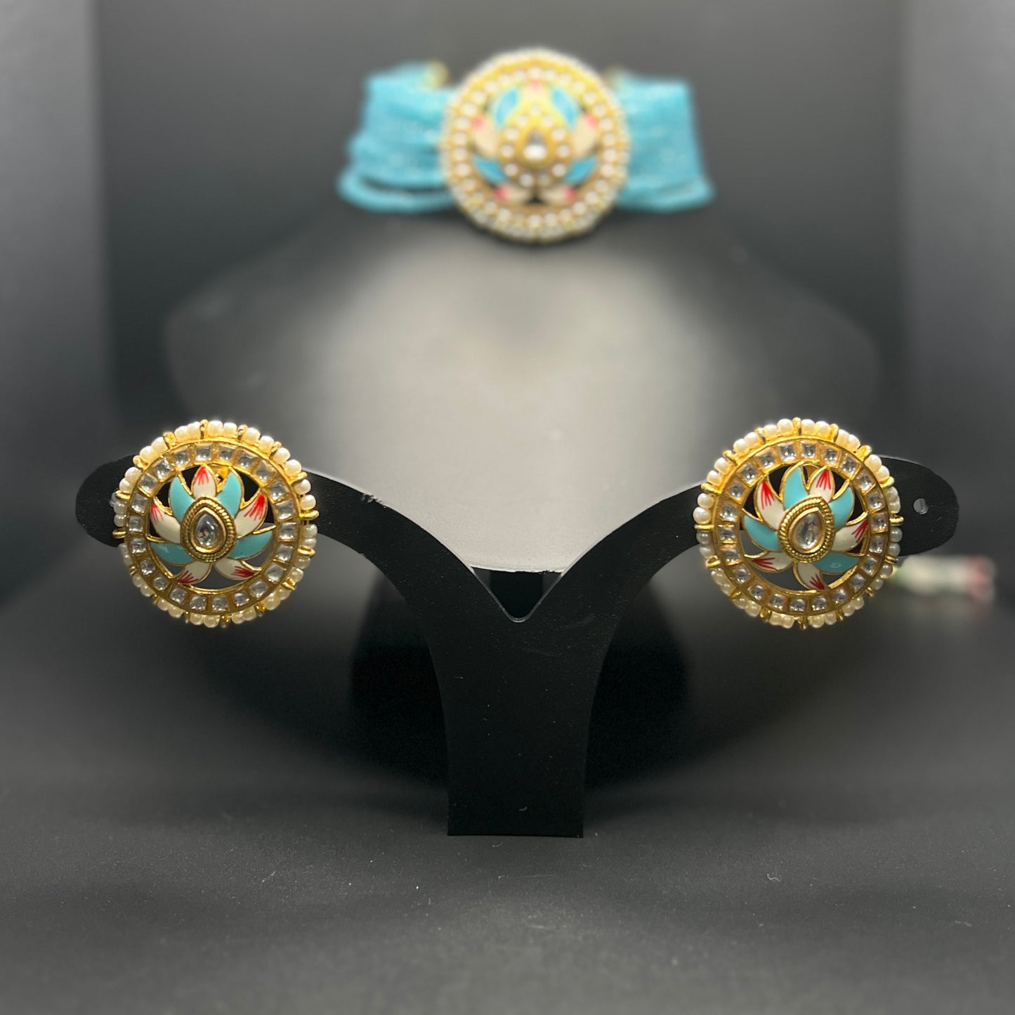 Regal Lotus Enamel Choker Set with Earrings – Blue Beaded Pearl Kundan Jewelry|Hand Painted| Best Seller