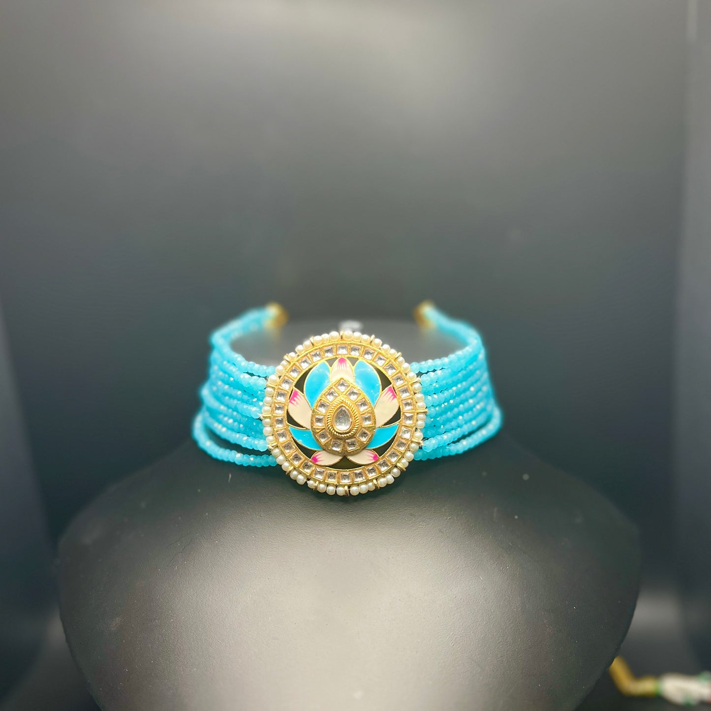 Regal Lotus Enamel Choker Set with Earrings – Blue Beaded Pearl Kundan Jewelry|Hand Painted| Best Seller