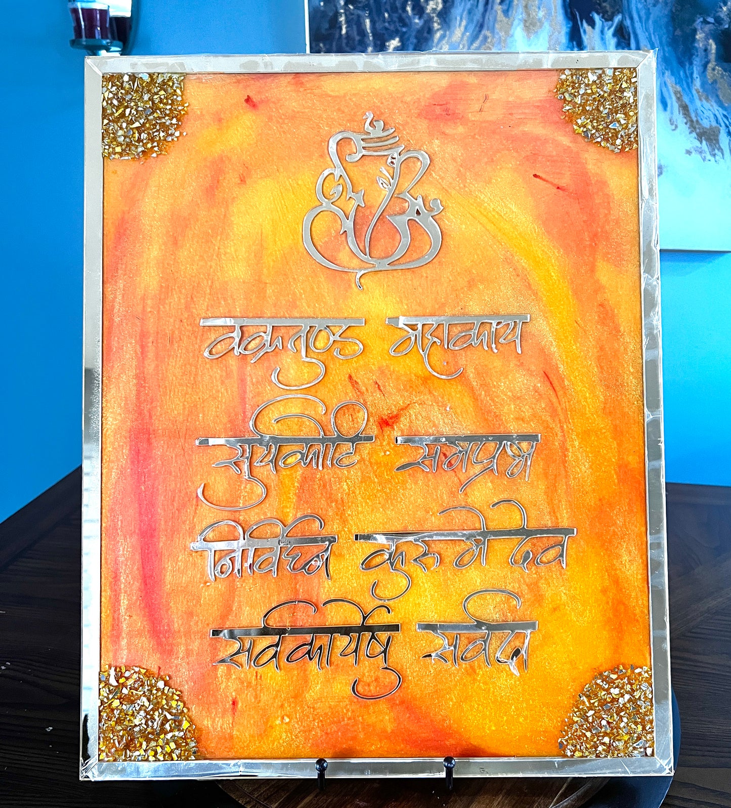 Ganesh Mantra Wall Frame – Handmade Resin Art with Golden Accents |Ganesha Mantra| Resin Wall Art|