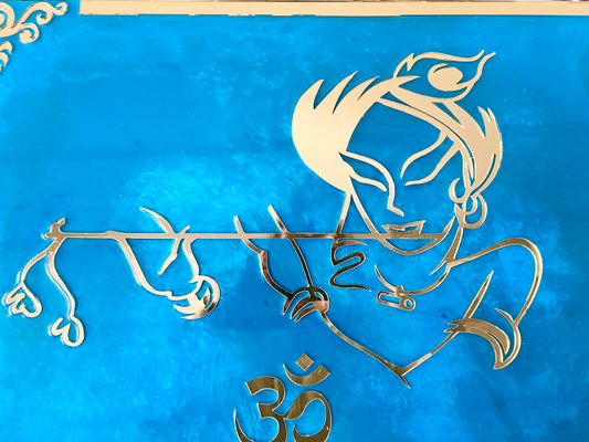 New-Lord Krishna Mantra with flute-Resin wall Art in Beautiful Aqua Blue Color