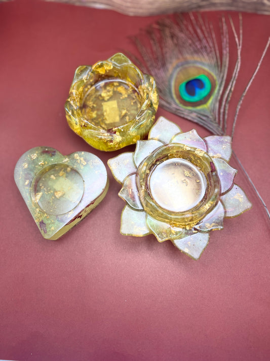 Handmade Resin Tealight Candle Holders – Gold Foil Lotus, flower & Heart Set for Diwali, Home Decor, Gifting