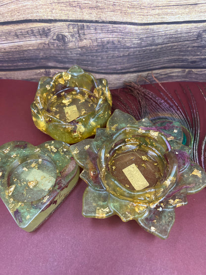 Handmade Resin Tealight Candle Holders – Gold Foil Lotus, flower & Heart Set for Diwali, Home Decor, Gifting