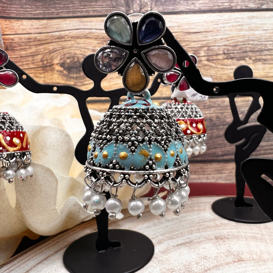 Oxidized Silver Jhumka Earrings with Multicolor Stones | Floral Dome Indian Earrings | Boho Tribal Ethnic Jewelry | Gift for Her