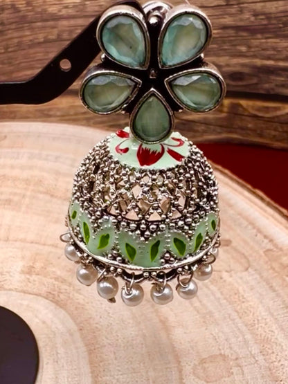 Oxidized Silver Jhumka Earrings with Multicolor Stones | Floral Dome Indian Earrings | Boho Tribal Ethnic Jewelry | Gift for Her