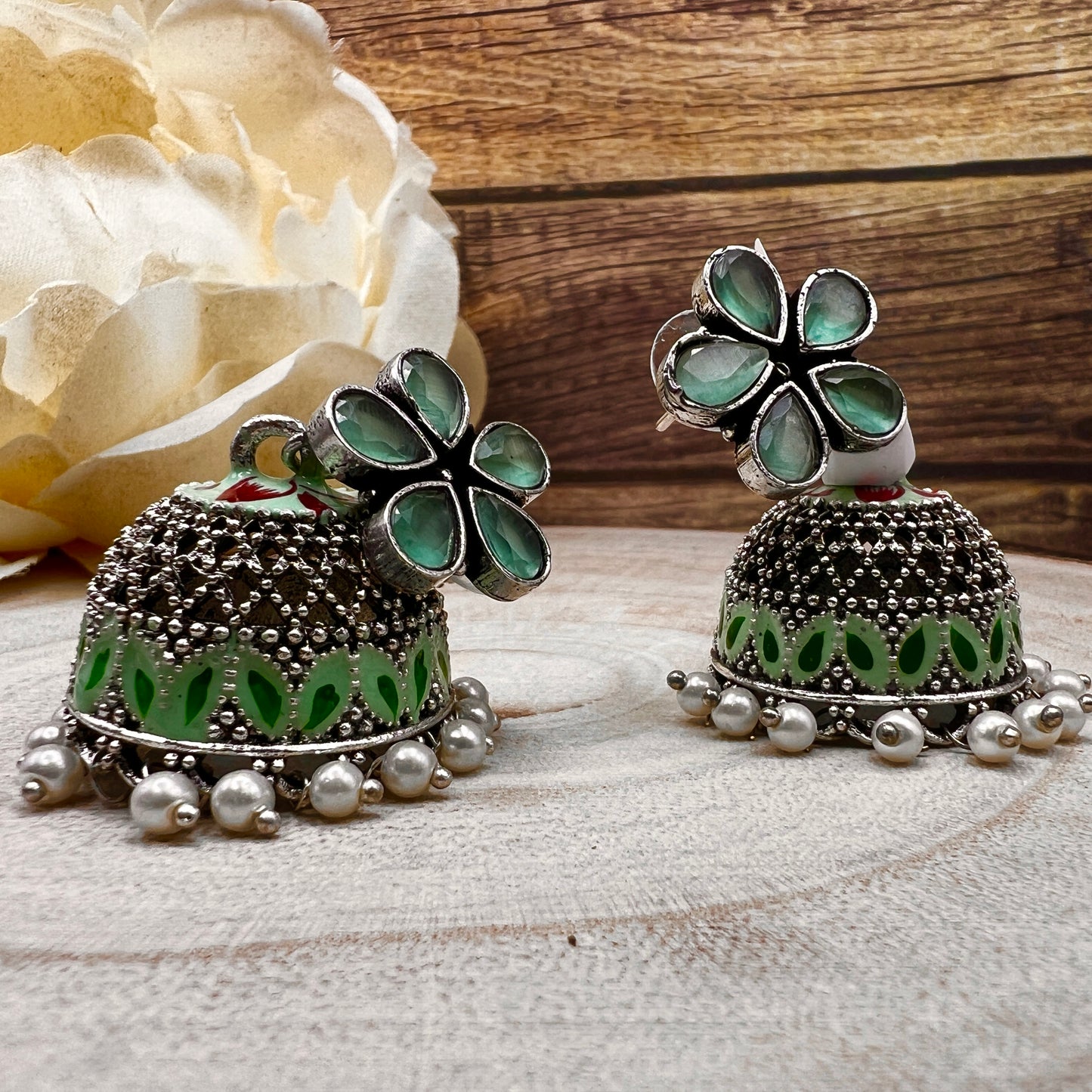 Oxidized Silver Jhumka Earrings with Multicolor Stones | Floral Dome Indian Earrings | Boho Tribal Ethnic Jewelry | Gift for Her