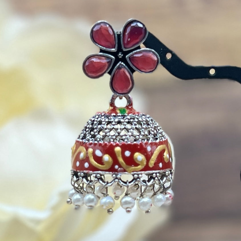 Oxidized Silver Jhumka Earrings with Multicolor Stones | Floral Dome Indian Earrings | Boho Tribal Ethnic Jewelry | Gift for Her