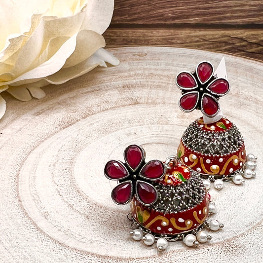 Oxidized Silver Jhumka Earrings with Multicolor Stones | Floral Dome Indian Earrings | Boho Tribal Ethnic Jewelry | Gift for Her