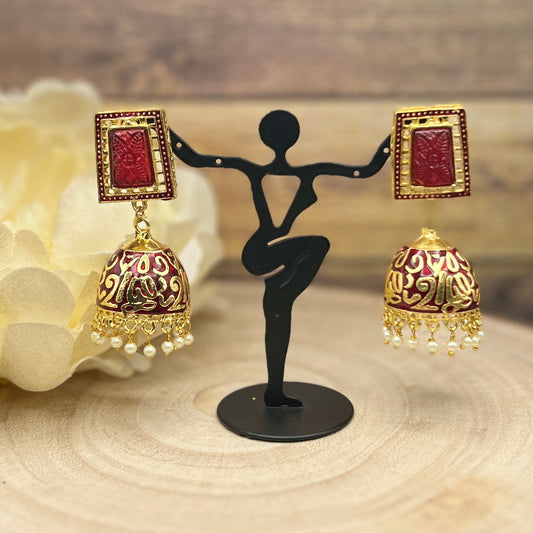 Royal Red Enamel Jhumka Earrings | Gold Plated Handcrafted Statement Jewelry | Ethnic Festival Wear Earrings | Indian Wedding Jewelry