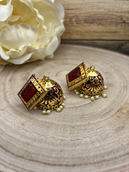 Royal Red Enamel Jhumka Earrings | Gold Plated Handcrafted Statement Jewelry | Ethnic Festival Wear Earrings | Indian Wedding Jewelry