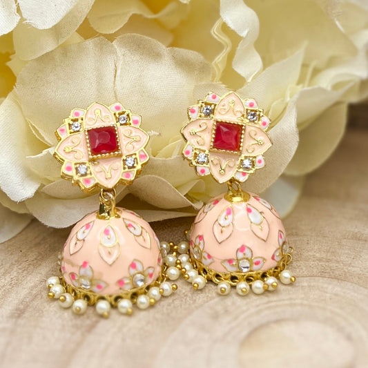 Pink Enamel Jhumka Earrings with Pearls | Traditional Indian Dome Earrings | Kundan Work Ethnic Jewelry | Wedding Festive Gift for Her