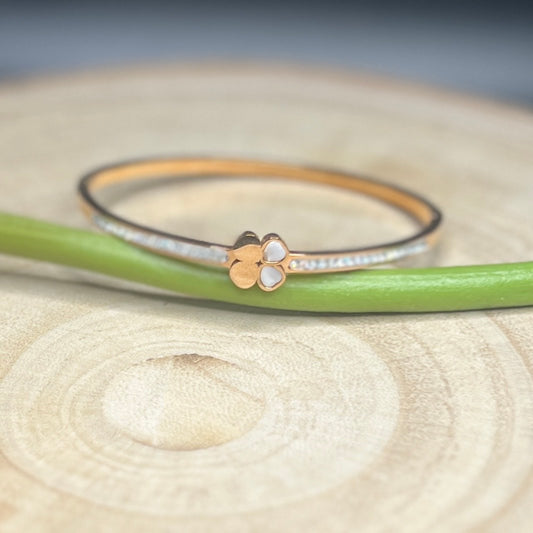 Delicate Gold Elegant Bangle-Bracelet with Clover Charm and CZ Diamonds/Sparkling Stones