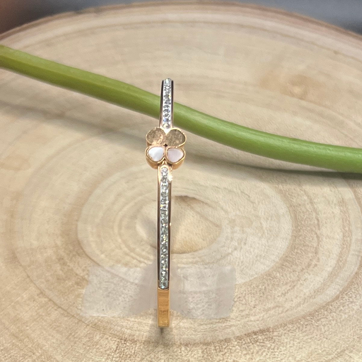 Delicate Gold Elegant Bangle-Bracelet with Clover Charm and CZ Diamonds/Sparkling Stones