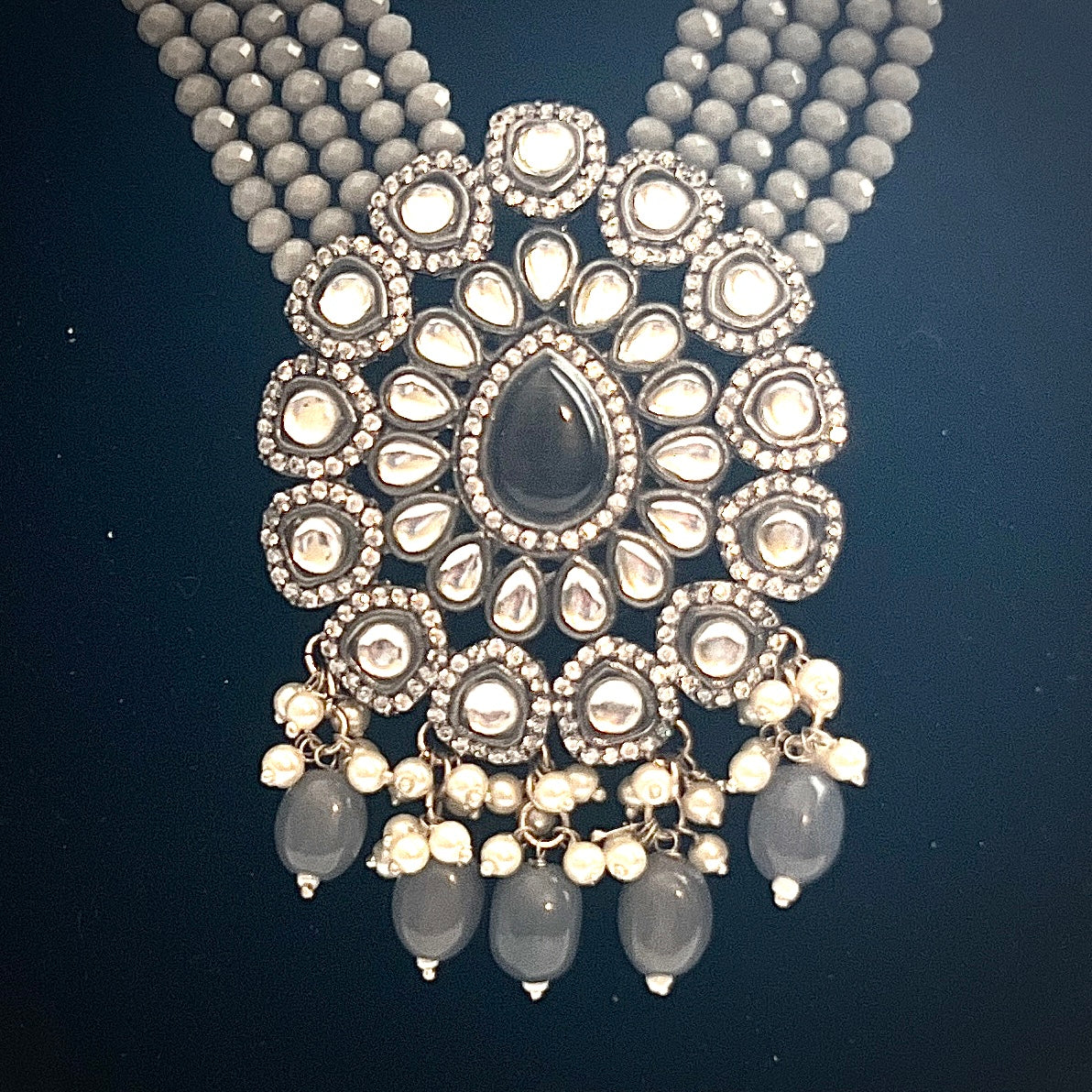 Multi-strand beaded necklace with antique finish and kundan