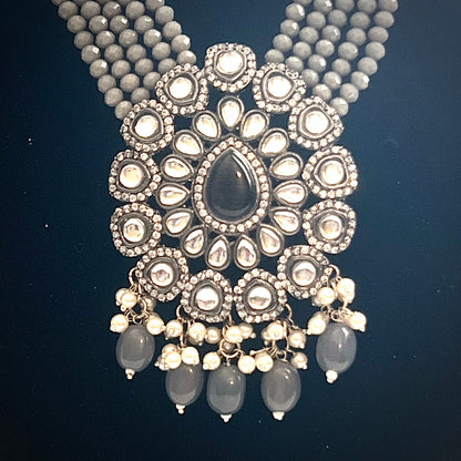 Multi-strand beaded necklace with antique finish and kundan