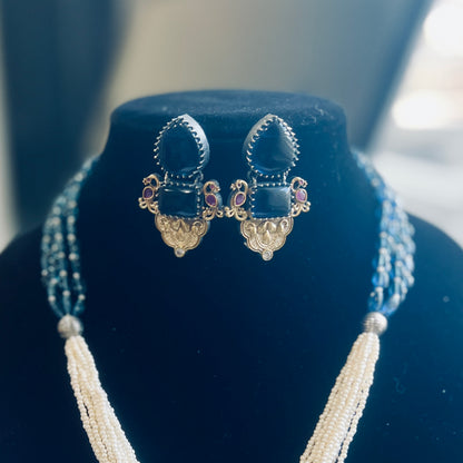 Navy Blue Glass beads-Pearl gold Necklace with silver Gold finish