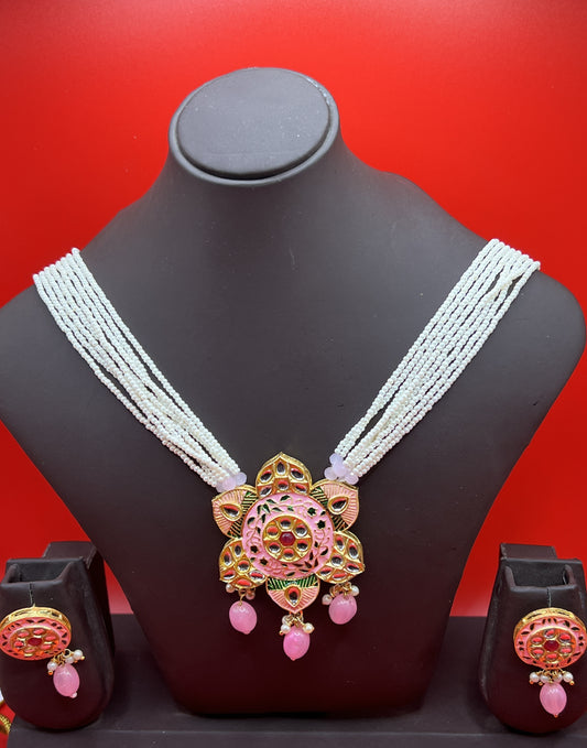 The Pink Lotus Pendant  with white necklace strings & Earrings Set