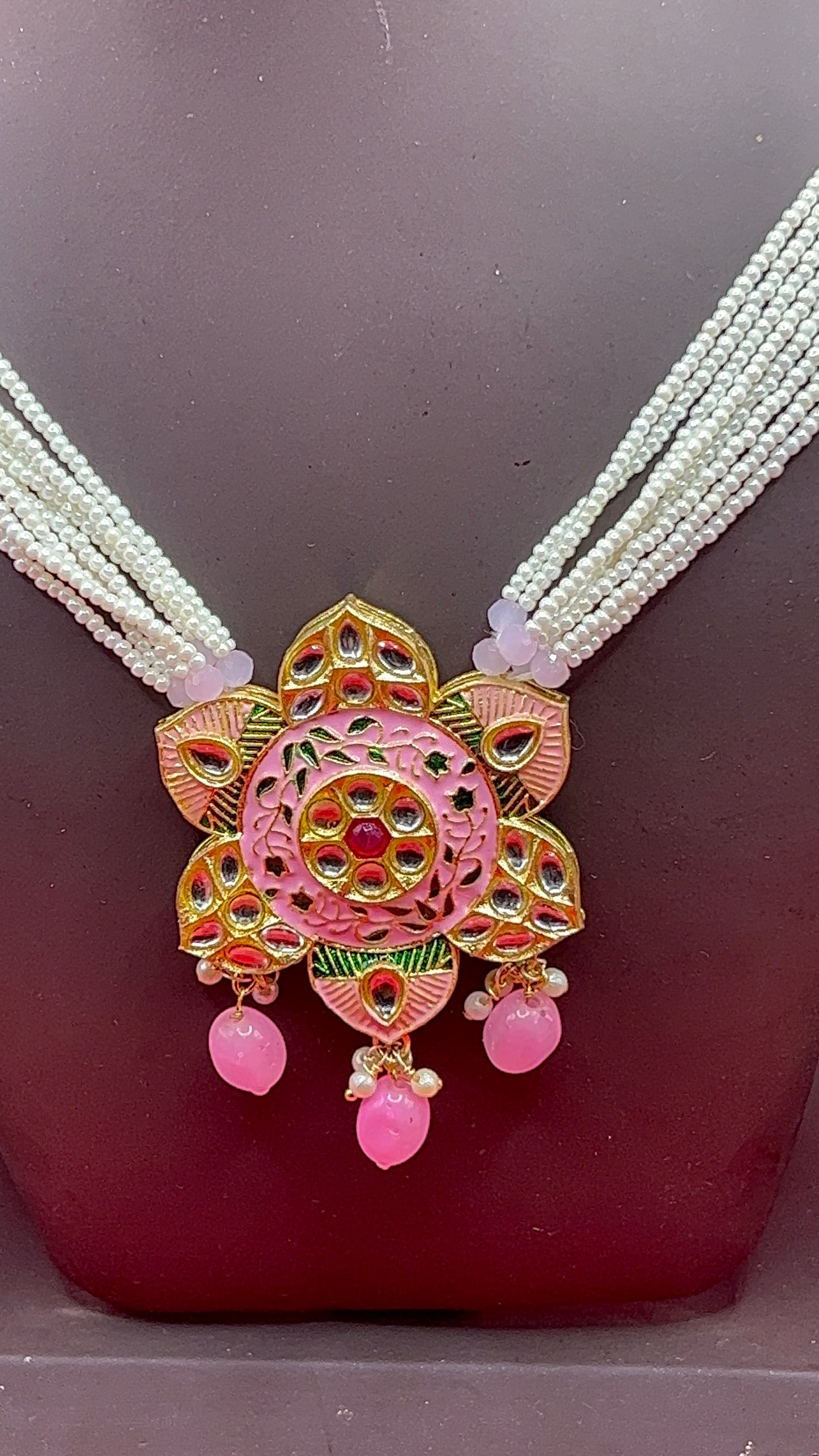 The Pink Lotus Pendant  with white necklace strings & Earrings Set