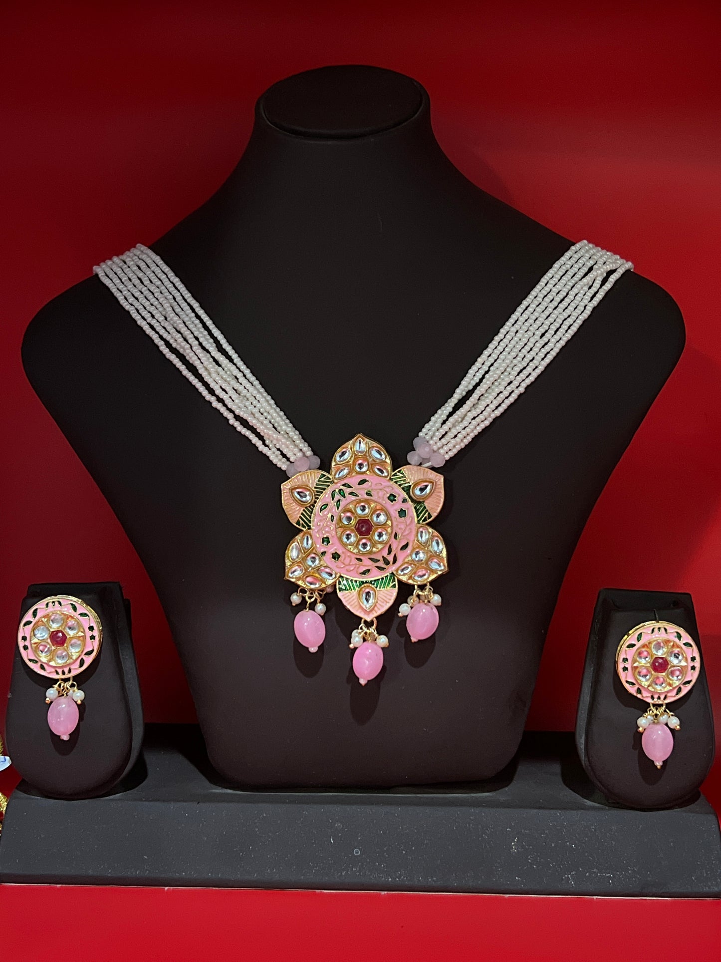 The Pink Lotus Pendant  with white necklace strings & Earrings Set