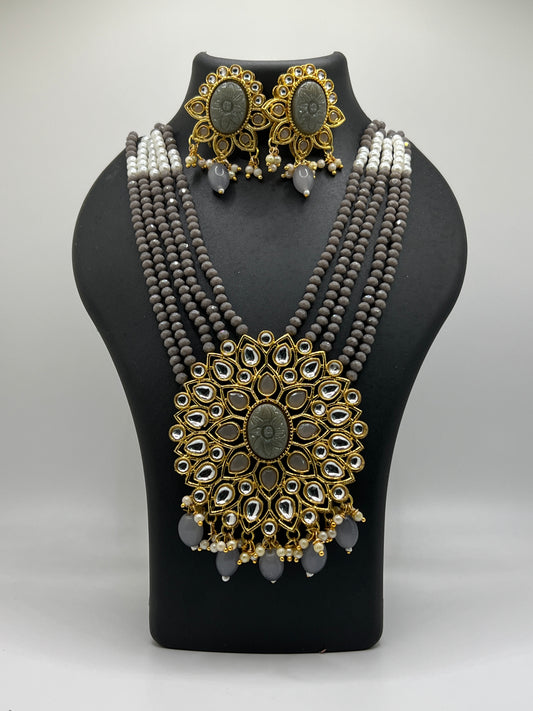 Large Gray oval stone pendant with silver kundan stones  and earrings set