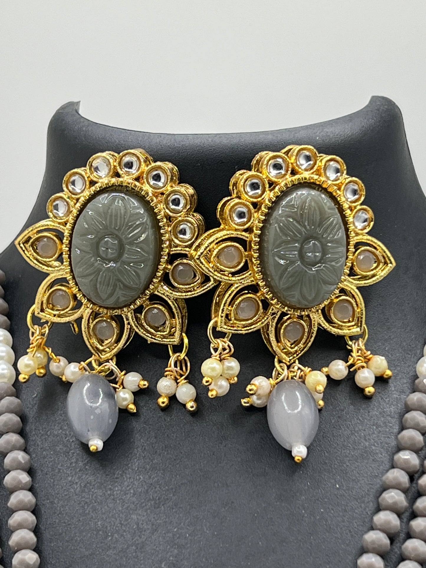 Large Gray oval stone pendant with silver kundan stones  and earrings set
