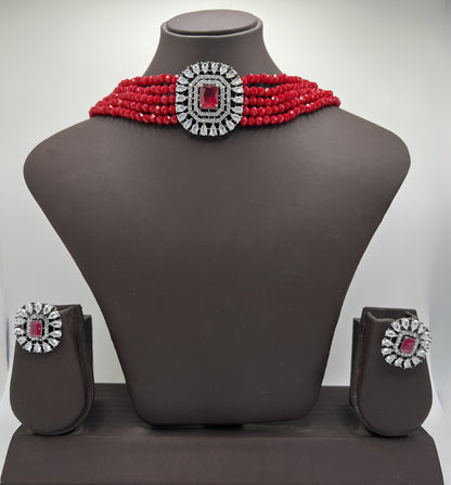 Red Chocker Necklace Set with diamond kundan  based pendant and earrings