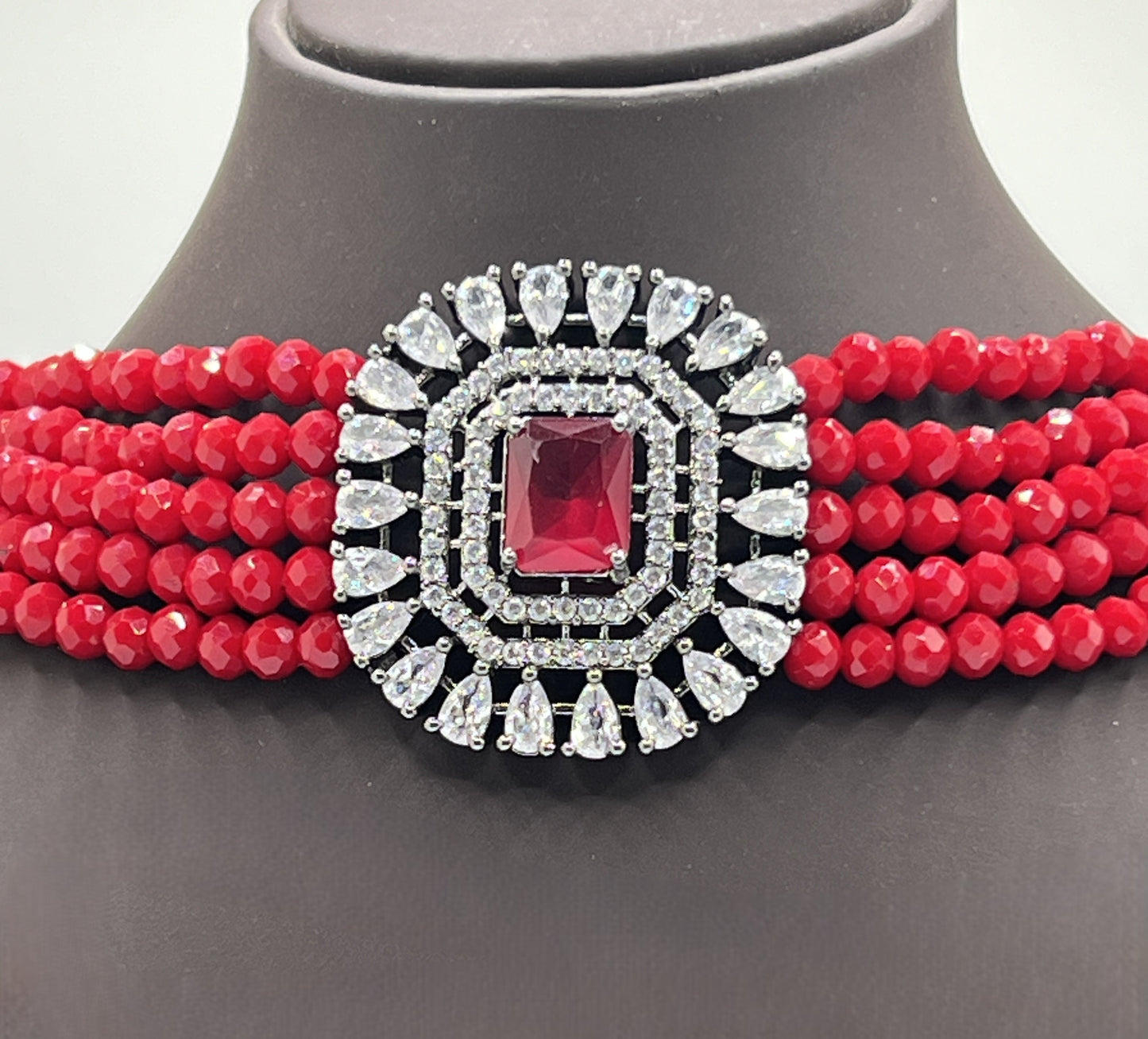 Red Chocker Necklace Set with diamond kundan  based pendant and earrings