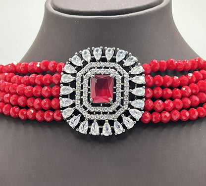 Red Chocker Necklace Set with diamond kundan  based pendant and earrings