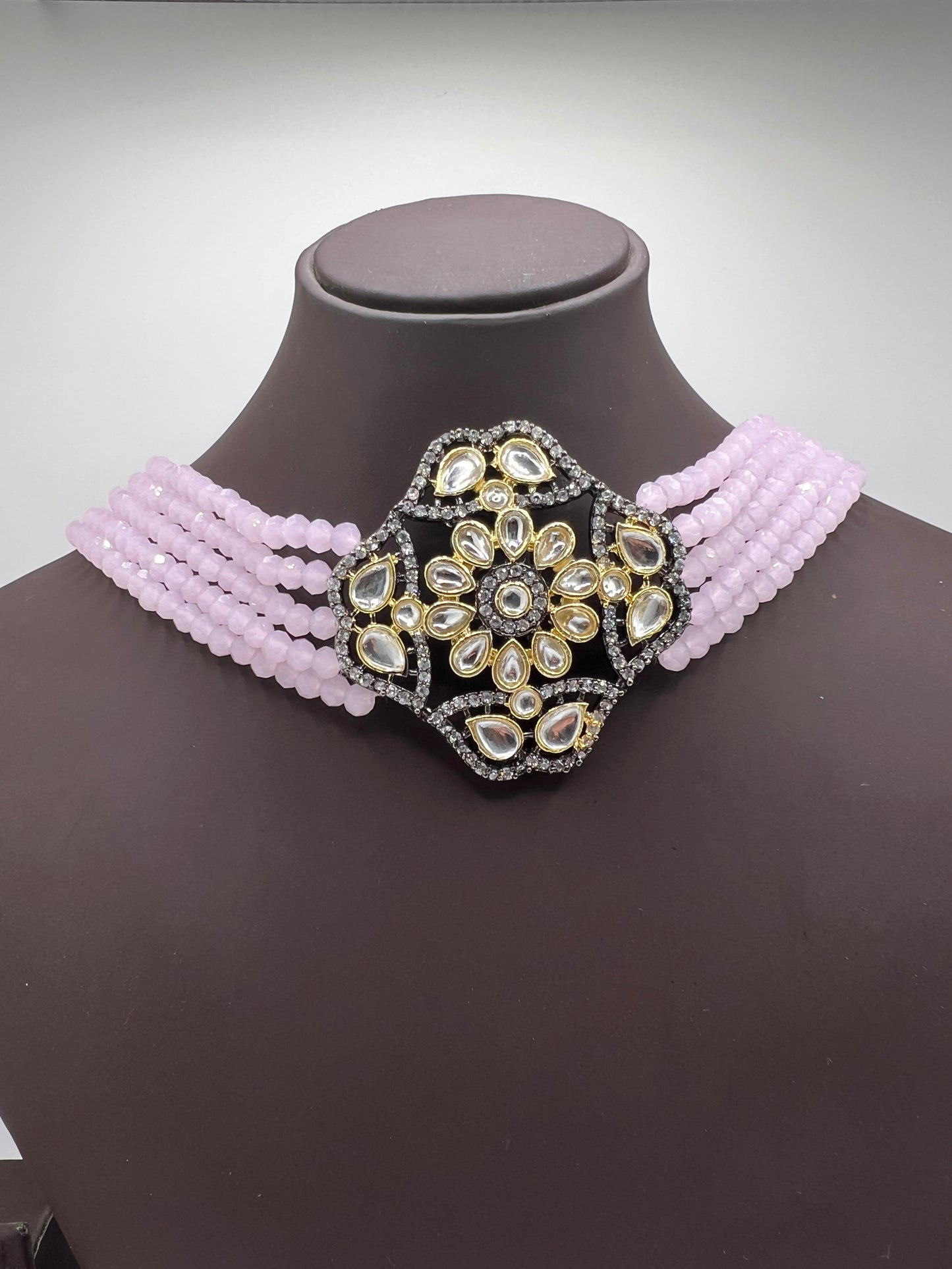 Pink Beads and Black Pendant Choker Set