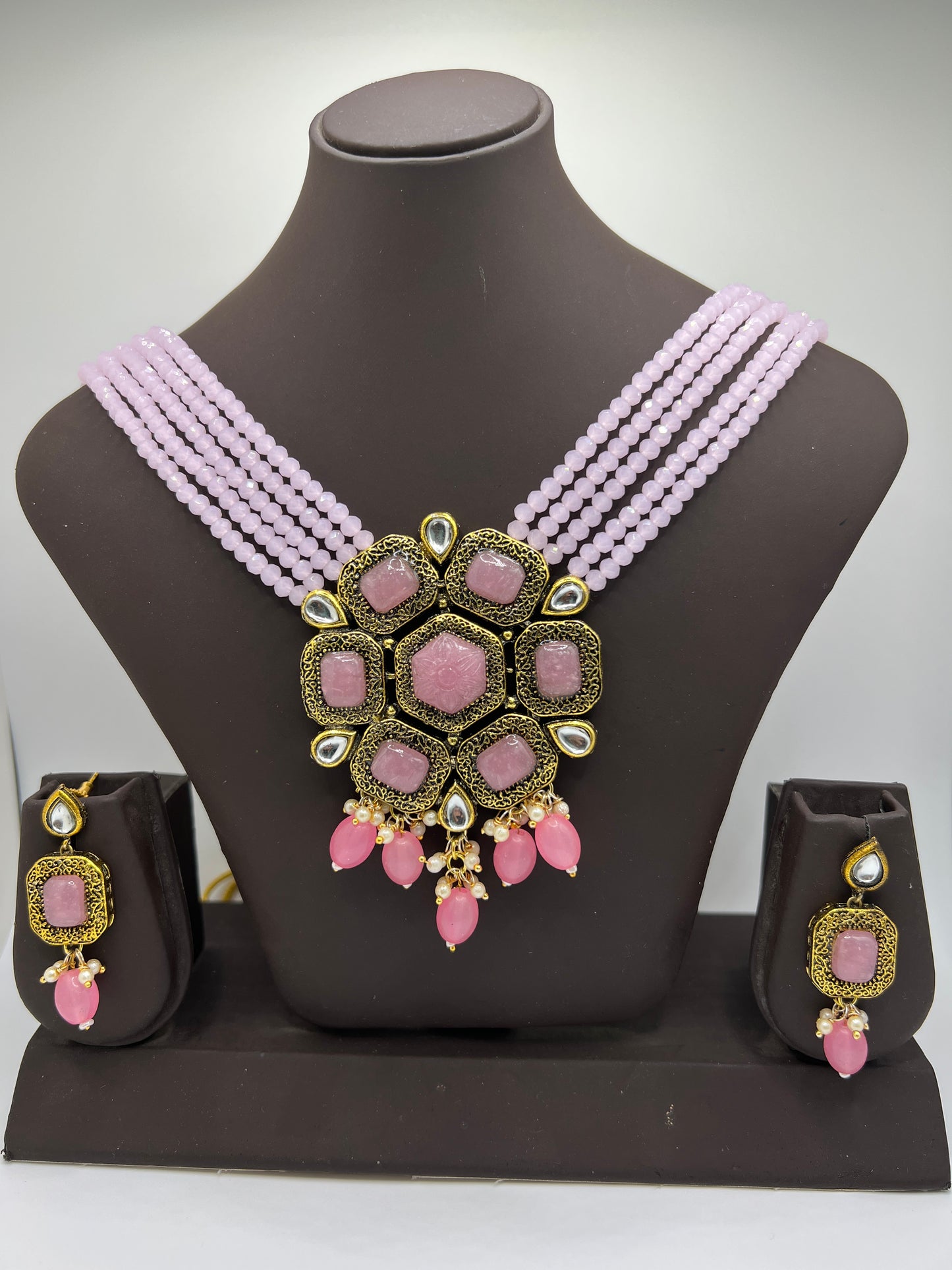 Renaissance Rose: Pink Gemstone Necklace and Earrings Set