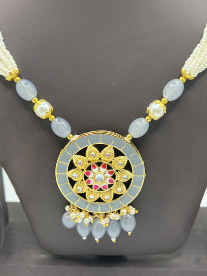 Gray Circular Pendant with White Strings NecklaceSet