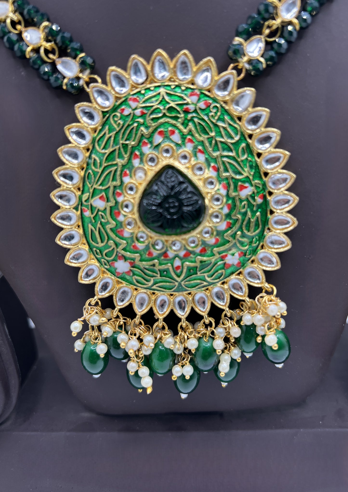 Beautiful Necklace with Green Stones and kundan ,chain with green and white stones