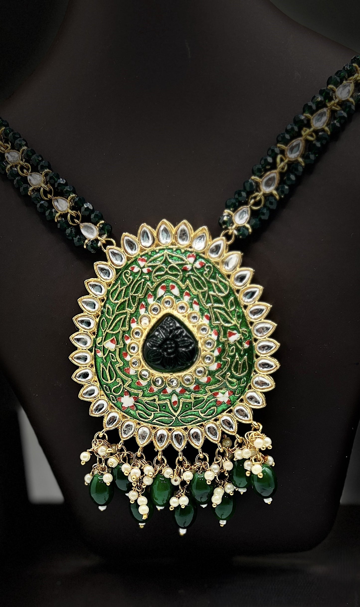 Beautiful Necklace with Green Stones and kundan ,chain with green and white stones