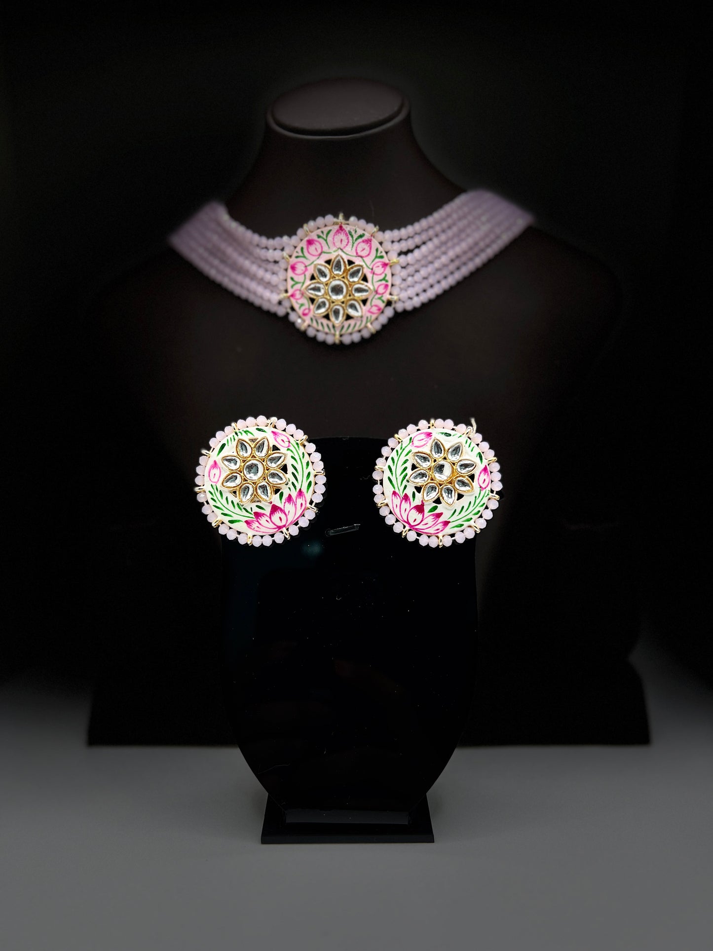 Pink Choker Set with earrings nad large Circular pendant