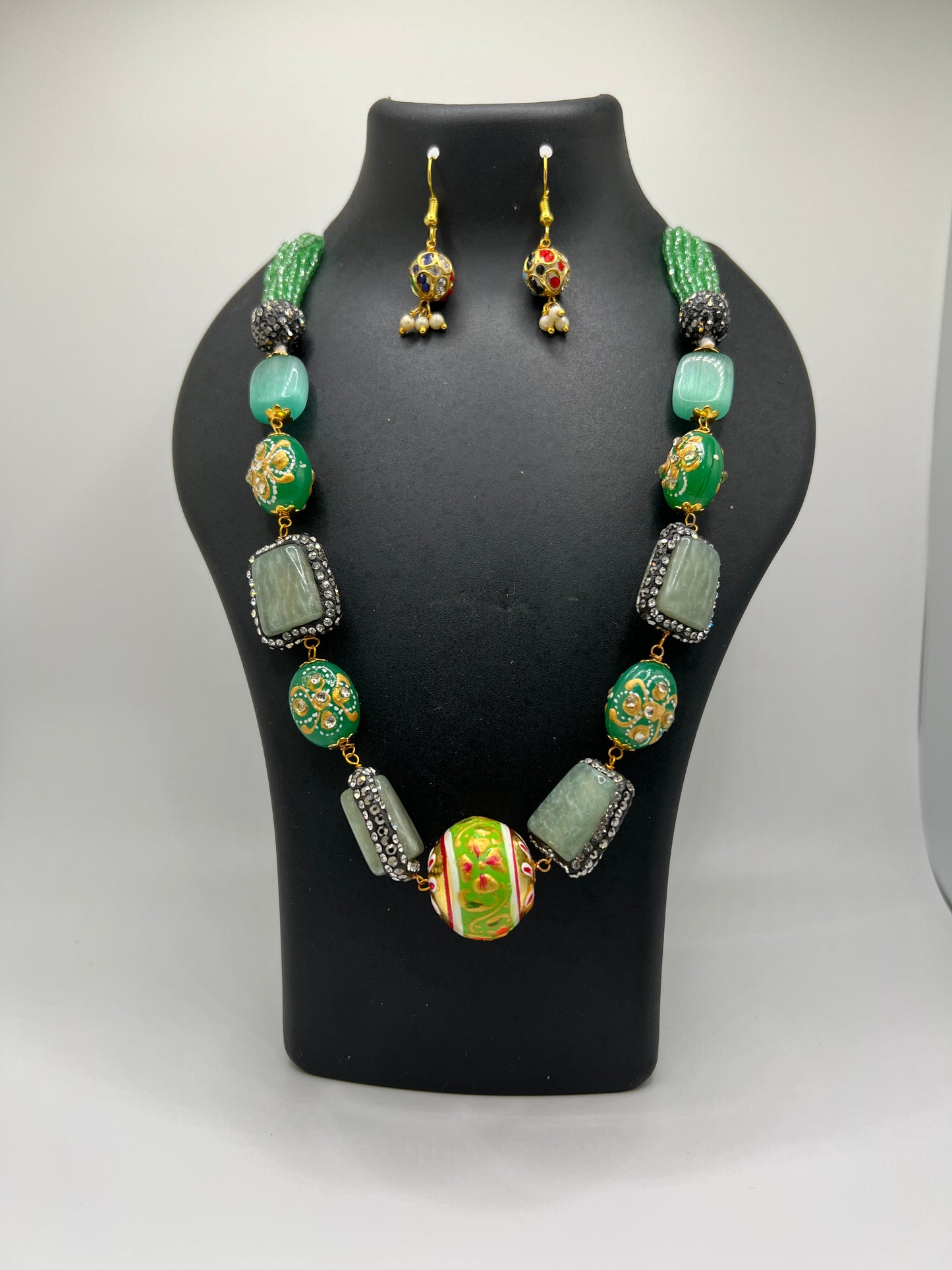 Modern Stones Necklace and earring set with Green multi Strand