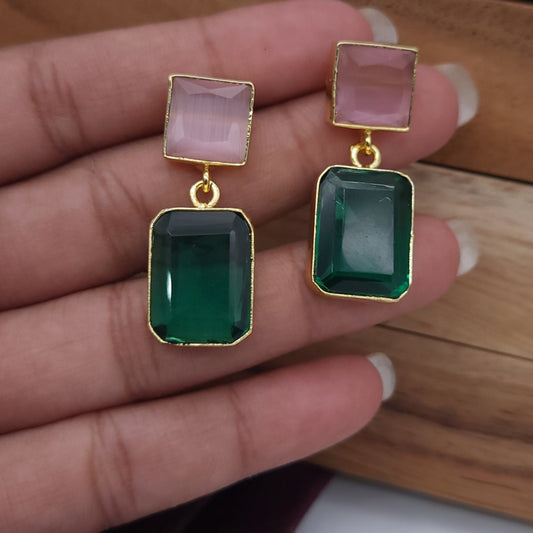 Modern Geometric Drop Earrings with Emerald Green and Pink Stone Accents