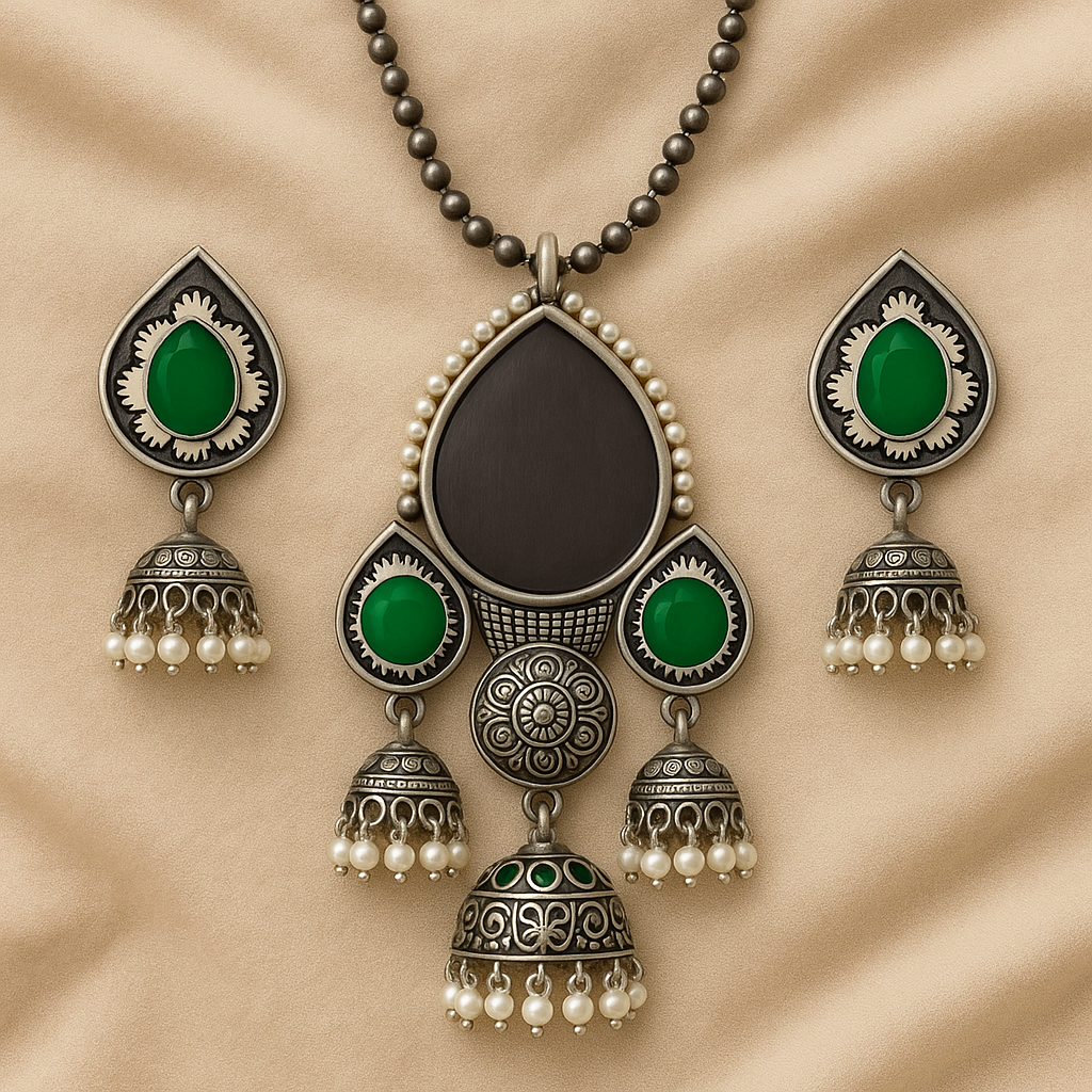 Antique Silver Tone Necklace and Earrings Set with Purple Stone Accents