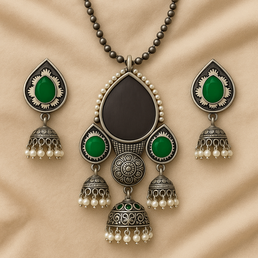 Antique Silver Tone Necklace and Earrings Set with Purple Stone Accents