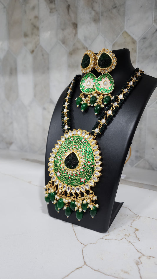 Beautiful Necklace with Green Stones and kundan ,chain with green and white stones