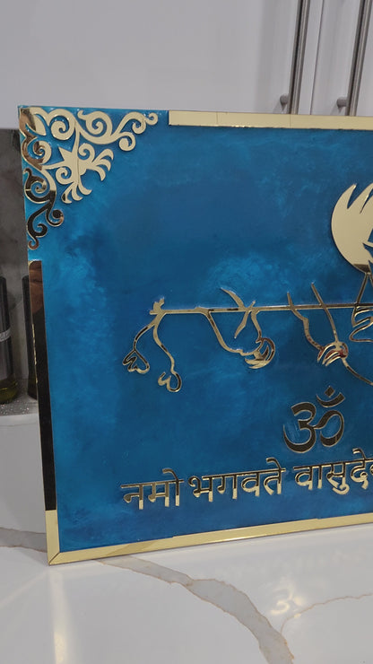 New-Lord Krishna Mantra with flute-Resin wall Art in Beautiful Aqua Blue Color