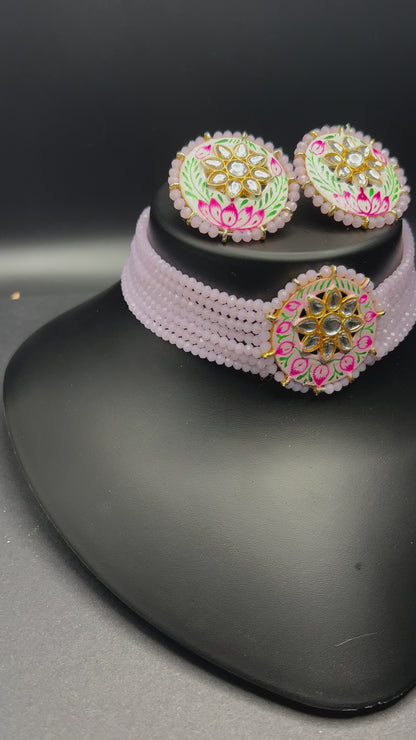 Hand-Painted Pink Lotus Choker Set with Kundan Center – Elegant Pearl Beaded Jewelry