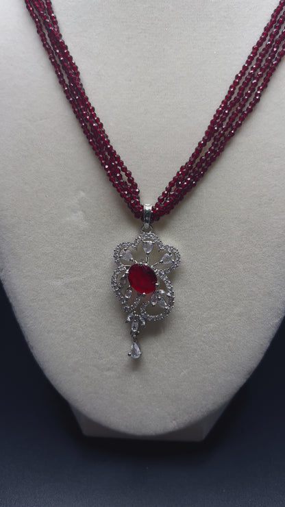 Burgundy Seed Bead Necklace Set with Crystal Pendant & Earrings, Silver Tone