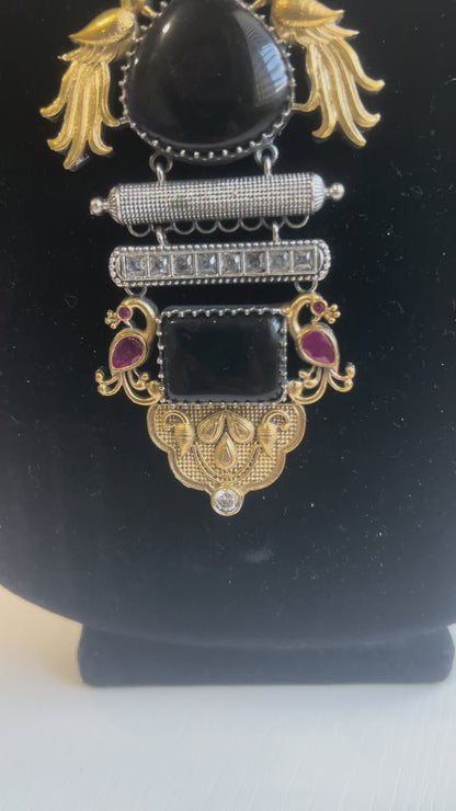 Navy Blue Glass beads-Pearl gold Necklace with silver Gold finish